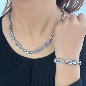 Minimalistisches Edelstahl H-Glieder Halskette und Armband Schmuckset im Industrie-Stil