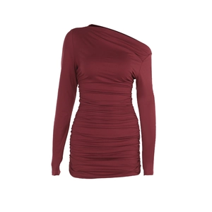 Slim fit burgundy one-shoulder pleated mini dress with long sleeve and ruched detailing