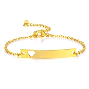 Adjustable 18K gold plated stainless steel curb chain bracelet with heart cutout plate