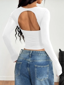 Detailed view of white long sleeve slim fit T-shirt with stylish cutout back design