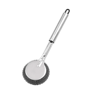 Long handle stainless steel pot brush with wire scrubber head and black hanging loop