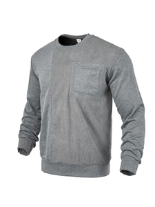 Detail of grey crewneck sweatshirt featuring vertical stripe paneling and a chest pocket