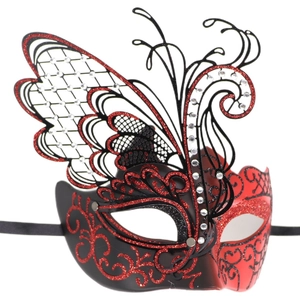 Detail of red and black butterfly masquerade mask with glitter and silver rhinestones