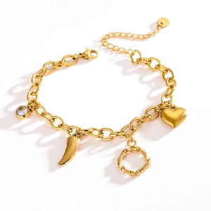 Gold plated stainless steel bracelet featuring heart and geometric charms on O-chain