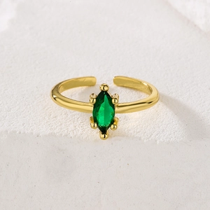 18K gold plated copper ring with marquise-cut emerald zircon in adjustable open style
