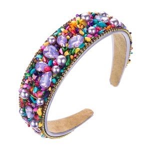 Colorful wide beaded headband with crushed turquoise, crystals and purple pearls