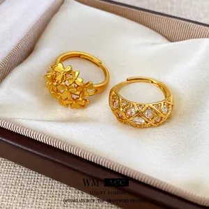 24k gold plated flower ring and hollow zircon band in luxury gift box display