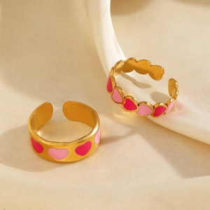 Anelli a cuore rosa smaltato placcati oro 18K con fascia aperta regolabile da donna