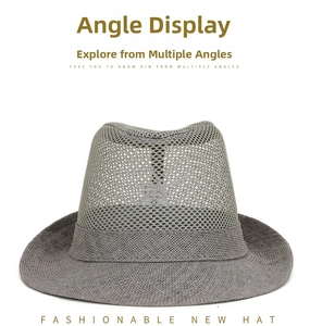 Detail of grey mesh summer fedora showing breathable top and woven brim for sun protection