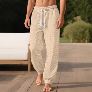 Pantalon de jogging beige en maille jacquard pour homme avec cordon de serrage
