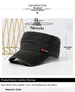 Detail view of washed cotton military cap with specific 7cm brim and 56-60cm size specs