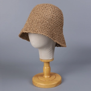 Handmade solid color knit bucket hat in khaki with a breathable woven design for women
