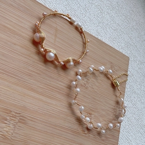 Handmade Freshwater Pearl Hand-Wrapped Copper Alloy Bracelet For Women Minimalist Jewelry Gift Gold Beaded Starry Sky Design
