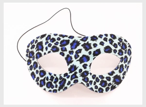 Detail of blue leopard print masquerade mask with flocked texture and elastic strap