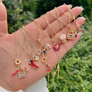 Collana In Rame Placcato Oro 18K Smalto Colorato Zircone Tacchi Alti Rossetto Cuore Gioielli Alla Moda Per Donna