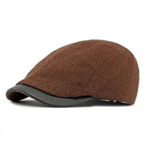 Classic dark brown wool beret with black leather brim in vintage British style