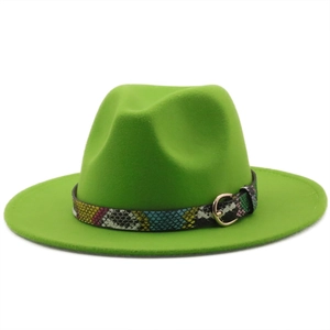 Detail of bright green wool fedora hat featuring a snake print leather band with gold buckle