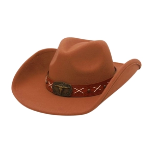 Classic brown western cowboy felt hat featuring a bull head buckle and leather band