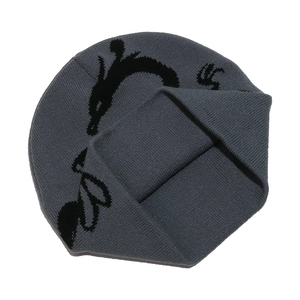 Detail of dark grey knit beanie with black jacquard pattern and ribbed folded cuff