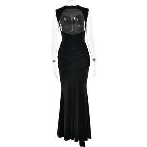 Detail of elegant backless black evening gown with pleated waist and mermaid hem design