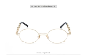 Detailed front view of retro oval gold metal frame glasses with transparent lenses