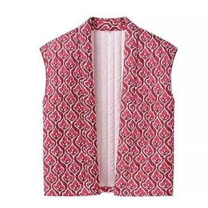 Vintage quilted vest for women featuring red geometric floral patterns and a stand collar