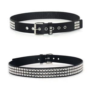 Men's punk black leather belt with silver square pyramid studs and classic metal buckle