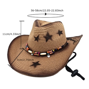 Brown western straw cowboy hat with star prints and ethnic beaded band detail