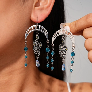 Vintage bohemian snake and moon tassel earrings with blue crystal beads for women
