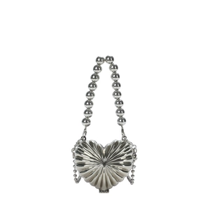 Metallic silver heart-shaped clutch bag with large pearl bead handle and shell texture