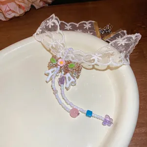 Elegant bow lace choker necklace with floral embroidery and colorful beaded tassels