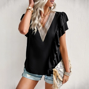 Women's black V-neck short sleeve blouse with beige lace trim and elegant ruffle details