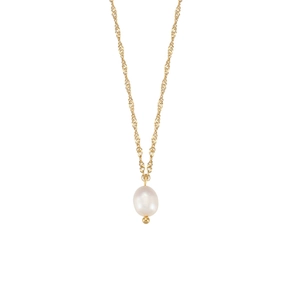 Elegante collana a catena dorata con pendente di perla bianca su sfondo bianco pulito