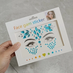 Detail of blue and silver geometric face gem stickers in original packaging