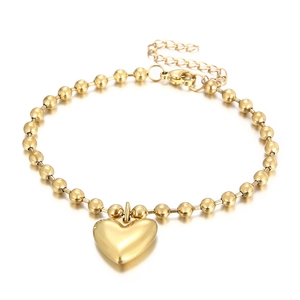 Bracelet à billes en acier inoxydable plaqué or 18 carats avec pendentif coeur