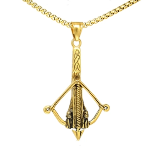 Gold stainless steel crossbow pendant necklace for men with vintage bead chain design