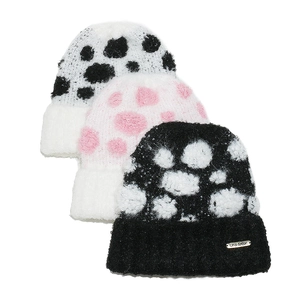 Three-piece set of warm knitted beanies with stylish polka dot patterns and fuzzy texture