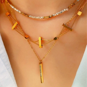 Minimalist Stainless Steel Necklace For Women Gold Silver Plated Rhinestone Bar Pendant Geometric Double Layer Beaded Necklaces Jewelry