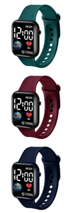 Digital sport watch detail showing square display with green, red and navy silicone bands