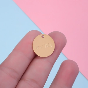 Polished gold stainless steel circular pendant engraved with for life text design