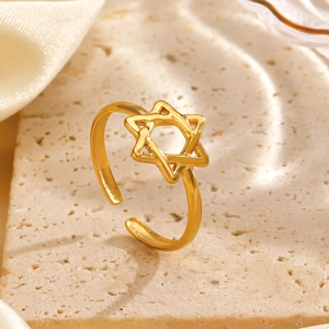 Minimalist adjustable gold stainless steel open ring with a hollow star design