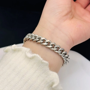 Thick silver polished titanium steel Cuban chain bracelet for men and women