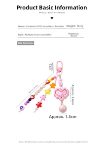Pink heart keychain with LOVE beads and resin star pendant shown with size dimensions