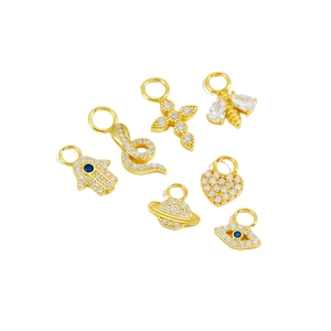 Set of 7 gold S925 silver charms including Hamsa Hand and Evil Eye with zircon stones
