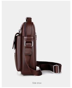 Side view of brown leather men's shoulder bag with lychee texture and metal buckle