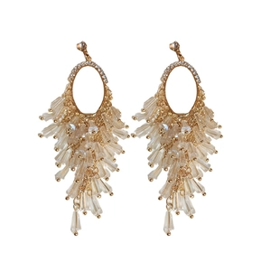 Elegant gold fringe tassel earrings with crystal beads and sparkling diamond studs