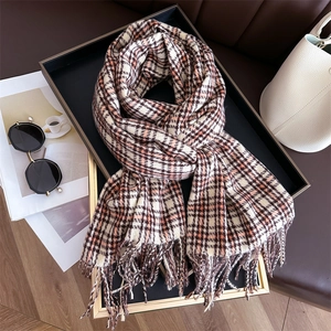 Classic plaid cashmere-like scarf with fringe tassels and autumn-toned checker pattern