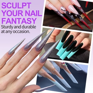 Extra lange kunstnagels set met paarse glitters en kleurverloop in diverse vormen