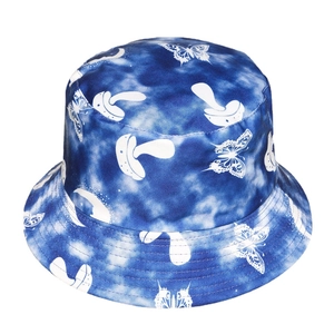 Navy tie-dye bucket hat featuring white butterfly and mushroom prints for sun protection