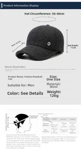 Size guide for men's wool baseball cap showing dimensions and head measurement guide